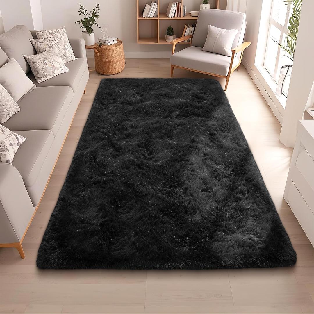 Black Rugs for Bedroom 4x5.9 ft - Ultra Soft Faux Fur Area Rug - Plush Non-Slip Shaggy Carpet for Living Room, Cozy Fluffy Rug for Kids Boys Girls Dorm Nursery Room, High Pile Floor Carpet