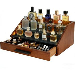 Cologne Organizer for Men - 3-Tier Wooden Perfume Shelf Stand with Drawer, Perfume Display & Storage Tray for Dresser, Black & Brown, 11"x4.7"x7.9"