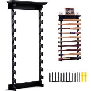 Threehoney 10 Mini Baseball Bat Display 32.75 x 16 x 3.25 inch Solid Wood Bat Holder with Ball Stand, Wall Mount Horizontal Display for Collectible Autographed Memorabilia, Home Office Decor