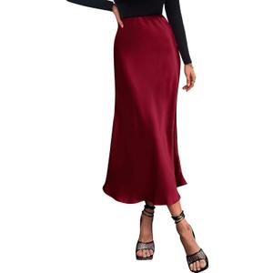 BTFBM 2025 Womens Summer Fall Long Satin Skirt Silk Elegant High Waist Cocktail Party Wedding Flowy A-Line Midi Skirts (Red, L)