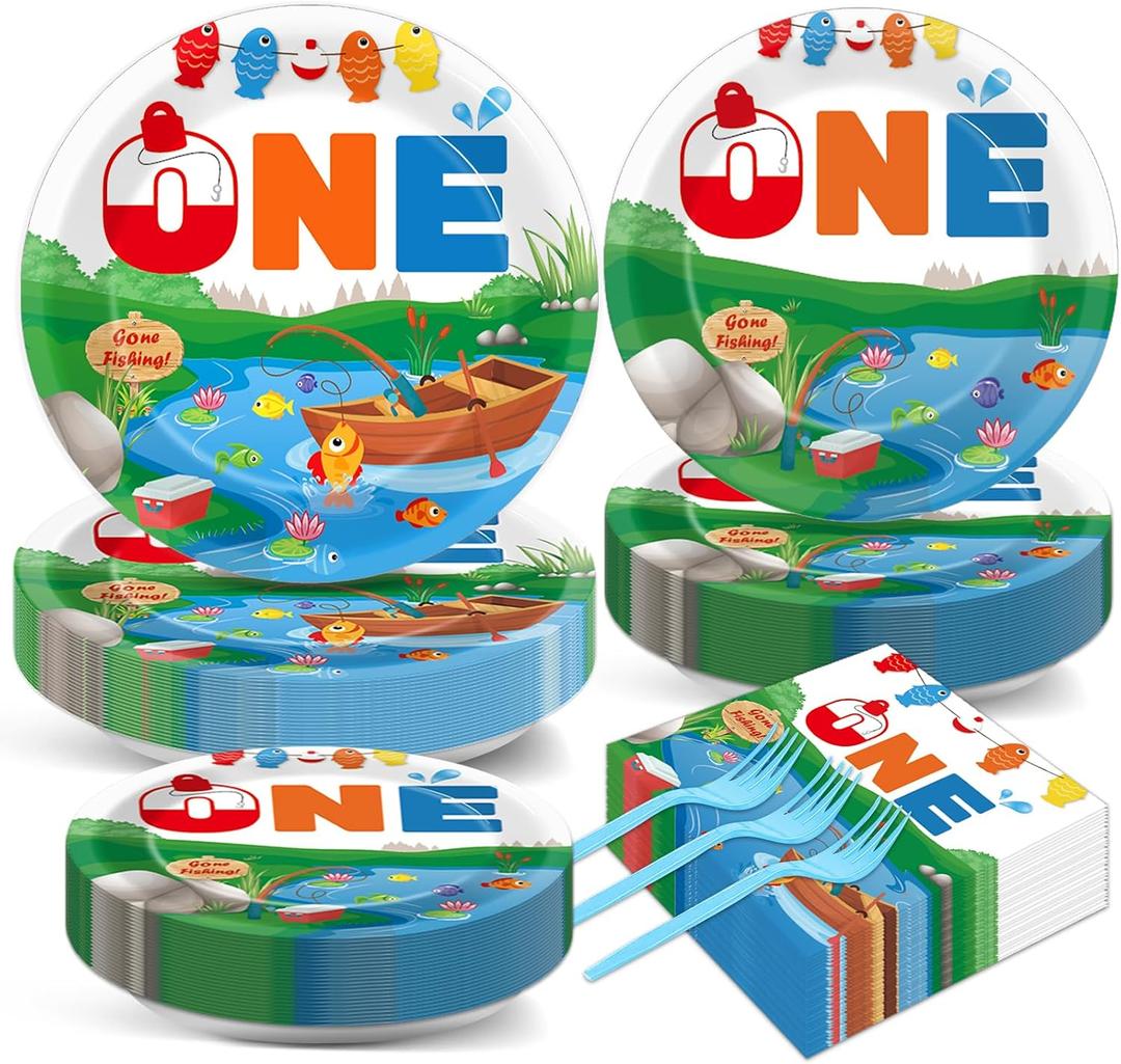 50 GuestsGone Fishing Plates and Napkins Party Supplies Ofishally One Birthday Party Decorations Disposable Tableware Set The Big One Dinnerware Favor for Kids Boys Girls, 200PCS