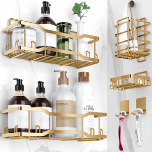 Shower Caddy Bathroom Shelves, The Athena Silken 4 Set, 40LB Capacity, Adhesive Tape - No Drill-Rustproof -Gorgeous Powder Coated 304 Stainless Steel Shower Organizer for kitchen and Home Decor - Gold