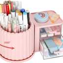 LETURE Rotating Office Desk Organizers and Accessories with 2 Drawer, Pencil Pen Marker Holder for Desk, Desktop Storage Organizers and Accessories for Office Home Art Supplies (Pink)