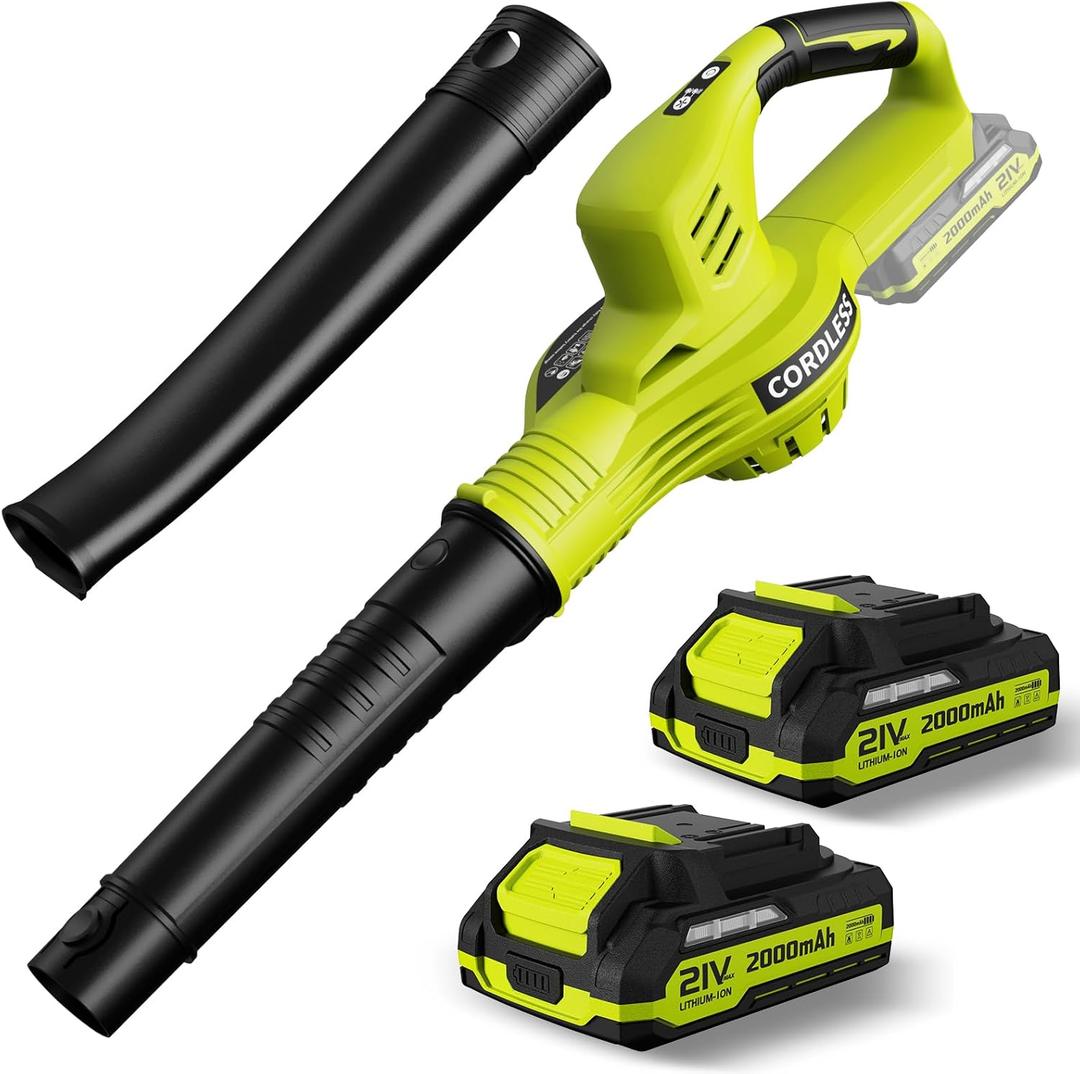 Leaf Blower Cordless - 21V Powerful Electric Leaf Blower with 2 Batteries and Charger, 2 Speed Modes, 2.0Ah Lightweight Battery Powered Leaf Blowers for Lawn Care, Patio, Dust, Blowing Leaves (Green)