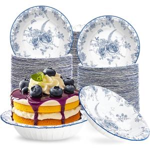 Grencian 100 Pcs Blue Floral Paper Bowls 12 Oz Disposable Blue White Flower Dessert Bowls Disposable Hot Soup Salad Bowl for Birthday Bridal Baby Shower Christmas Tea Party Supplies