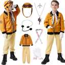 Akokvlar 9 Pcs Kids Pilot Aviator Costume Earhart Historical Costume for Girls Boys (9-10 Years, Brown)