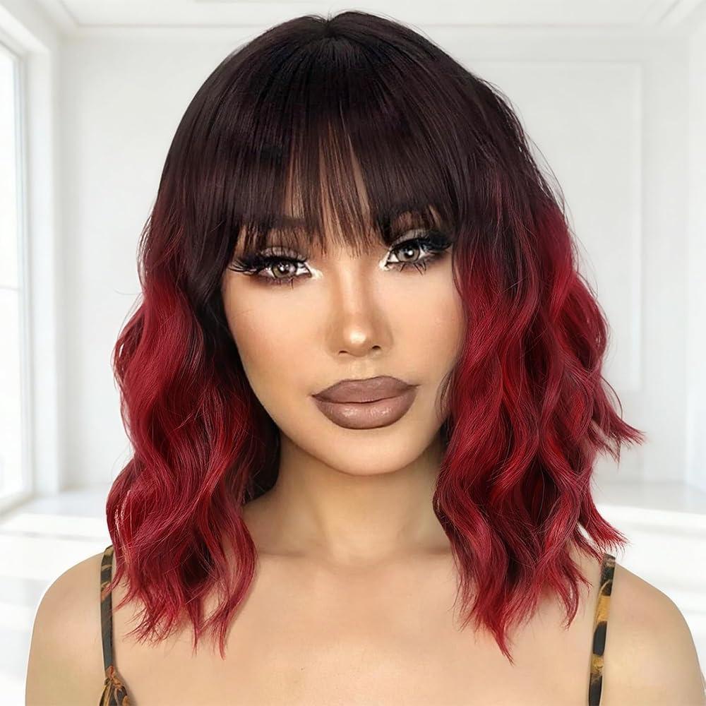 Ucubb Short Bob Wavy Wig with Bangs for Women Loose Curly Wig Look natural Shoulder Length Bob Wigs