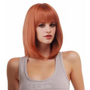 Rugelyss Auburn Short Straight Bob Wig with Bangs 12 Inches Copper Red Ginger Synthetic Hair Wigs for Women and Girl with Wig Cap fits for Halloween and Cosplay Costume Party