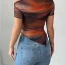 Women's Off The Shoulder Tie Dye Ombre Mesh T Shirt Short Sleeve Asymmetrical Ruched Crop Tops (Brown, S)