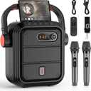 JYX Karaoke Machine with 2 Wireless Microphones, Portable Bluetooth Speaker PA System with Shoulder Strap, Subwoofer Support TWS, USB, Radio, AUX, REC, Bass&Treble for Home Party/Meeting/Adults/Kids