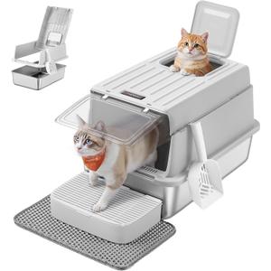 Feandrea Stainless Steel Cat Litter Box with Flip Lid, Litter Catcher Mat and Box, 2 Doors, Scoop, for Cats up to 33 lb, Light Gray UPPT007GD01