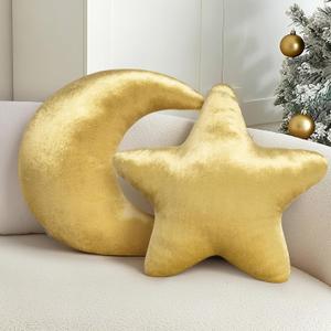 AELS Star & Moon Pillow Set of 2, 19.6"& 15.7" Soft Velvet Decorative Throw Pillow for Couch Bed Living Room Nursery Home Decor Gift for Christmas, Birthday, Baby Shower, Golden Moon and Star