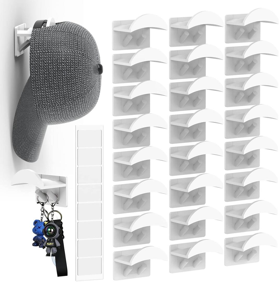 Adhesive Hat Hooks for Wall - Hat Rack for Baseball CapsCowboy Hat Hanger Cap Holder Organizer for Room, Closet & Storage Organizer (24, White)
