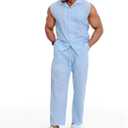 Mens Linen Sets 2 Piece Outfits Sleeveless Shirt and Pants Set Vacation Outfit for Men Summer Beach Suits (Blue, XL)
