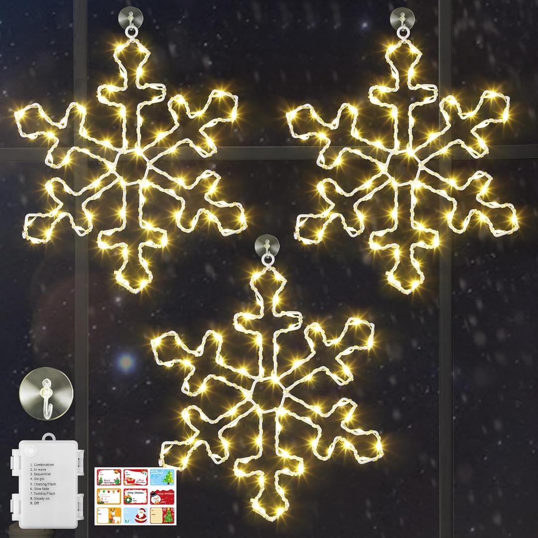 Hiboom 3 Pack Christmas Window Lights, 12 Inch Snowflake Lighted Decorations Wrapped with LED String Lights, 8 Modes Battery Powered Christmas Window Light for Xmas Indoor Decor (Warm White)