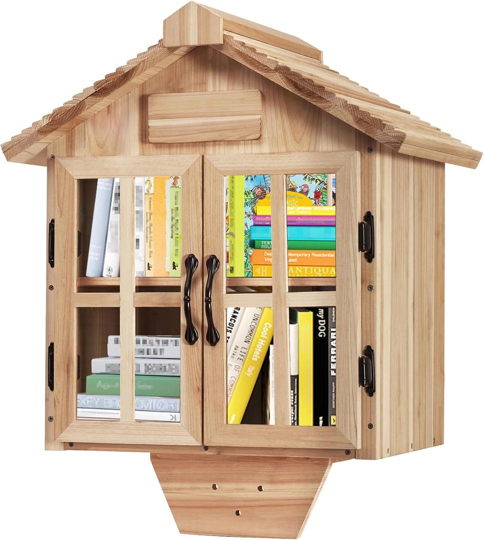 Little Library Box Outdoor Free Library Kit, Updated Double Doors Literature Little Library Box, Wood Cabinet Book Storage for DIY Nameplate, Neighborhoods, Community, Schools Sharing Books