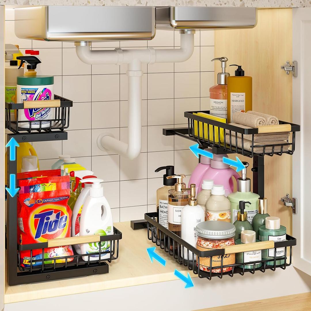 REALINN Under Sink Organizer, 2 Pack Height Adjustable Under Sink Organizers and Storage, 2 Tier Pull Out Drawer Cabinet Storage for Kitchen Bathroom (Black)