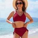 Blooming Jelly Womens High Waisted Bikini Sets Drawstring Tummy Control Swimsuits Crisscross Tie Back Bathing Suit (Red, Large)