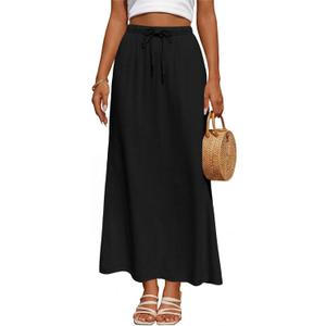 Women's Linen Maxi Skirt Drawstring Back Slit Elastic High Waisted Flowy 2026 Summer White Long Skirts for Women (Medium, Black)