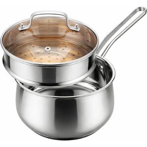 2.5QT Stainless Steel Saucepan with Steamer Basket and Glass Lid, 18/8 Food Grade Small Soup Pot with Steamer Insert, Induction Compatible, Heavy Duty Multi-Purpose Pot for Cooking & Steaming, 2.5 Quarts