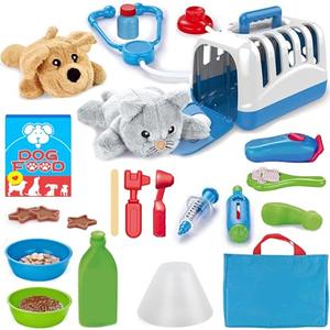 34-Piece Kids Pretend Vet Playset, Veterinarian Role Play Doctor Toy Kit with Plush Dog & Cat, Pet Care Grooming Set with Carrier & Medical Tools
