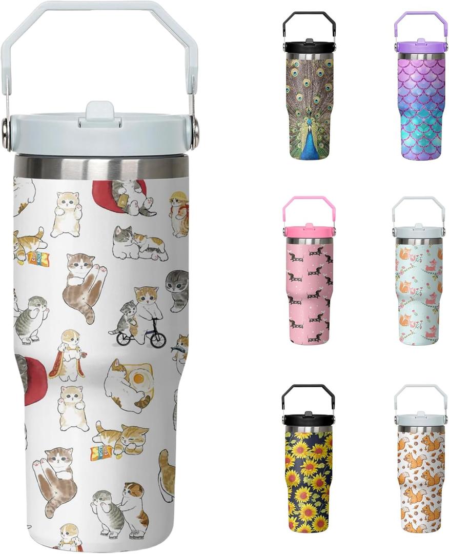 30oz Cat Tumbler with Handle and Flip Straw, Stainless Steel Insulated Cup, Travel Coffee Mug Water Bottle, Birthday Mothers Day Chritmas Gifts for Women Animal Lovers