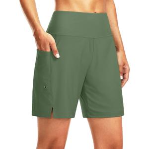 G Gradual Women's 7" Long Swim Board Shorts High Waisted Quick Dry Beach Swimming Shorts for Women with Liner Pockets (Green, XL)