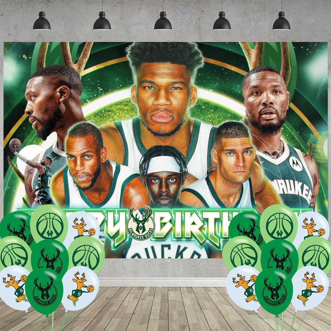 Milwaukee Basketball Birthday Party Decoration,Bucks Party Photo Background 5 x 3 FT and 18 Pcs Balloon,Merch Party Backdrop Supplies