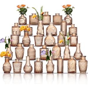 Glass Bud Vases Set of 32 - Amber Assorted Small Mini Glass Vases for Flowers, Crystal Vintage Vase Set, Bulk Centerpieces for Table Décor, Wedding, Home and Events (Amber, 32 Pcs)