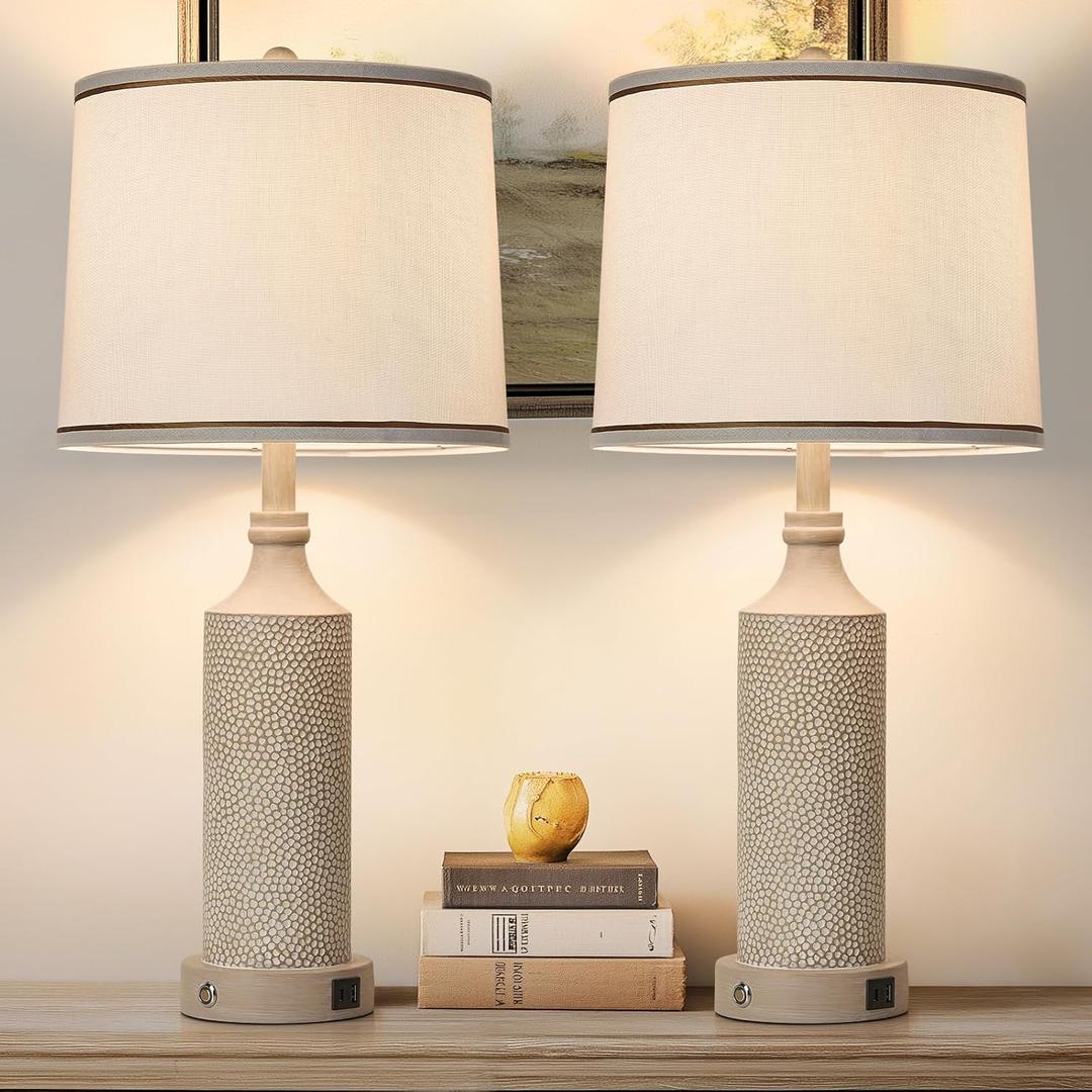 AIDENOEY 27.5" H 3-Way Dimmable Touch Control Table Lamp with USB A+C Ports, Vintage Washed White Finish Resin Bedside Farmhouse Table Lamp Set of 2，for Living Room，Bedroom，Office