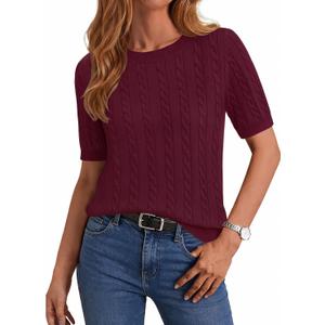 Zeagoo Cable Short Sleeve Sweaters for Women Summer Spring Cute Tops 2026 Trendy Business Causal Outfits Work Blouses Clothes (Red, L)