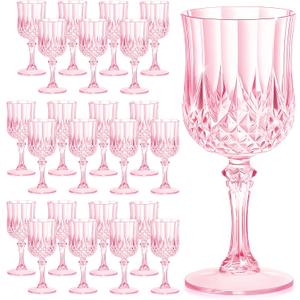 7OZ Plastic Wine Glasses, Reusable Vintage Goblets Unbreakable Drinking Glasses Crystal Water Cups Champagne for Wedding, Parties Mother's Day (24, Pink)