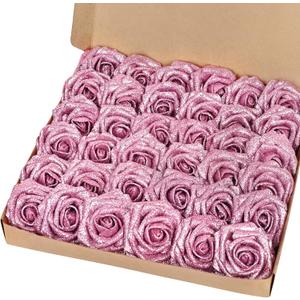 BLEUM CADE 36Pcs Artificial Flowers Fake Roses with Stems, Pink Glitter Boxed Foam Roses for DIY Bouquets Centerpieces Wedding Party Arrangement Bridal Shower Decor