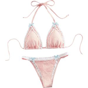 Milumia Women's Lace Trim Bow Tie Bikini Set Triangle Halter Cheeky 2 Piece Swimsuit (Pink, Small)
