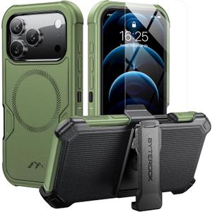 For iPhone 17 Pro Case 6.3" with Belt Clip Holster,Anti-Drop,Shockproof,Heavy Duty Protection,Compatible with MagSafe,w/Screen Protector,with 360 Rotating Kickstand,Green