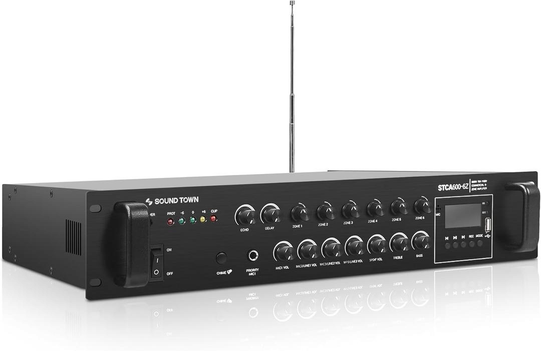 Sound Town 600W 6-Zone 70V/100V Commercial Power Amplifier with Bluetooth, Optical, Phantom Power, for Restaurants, Lounges, Bars, Pubs, Schools (STCA600-6Z) (600W RMS, Aluminum, Optical Input)