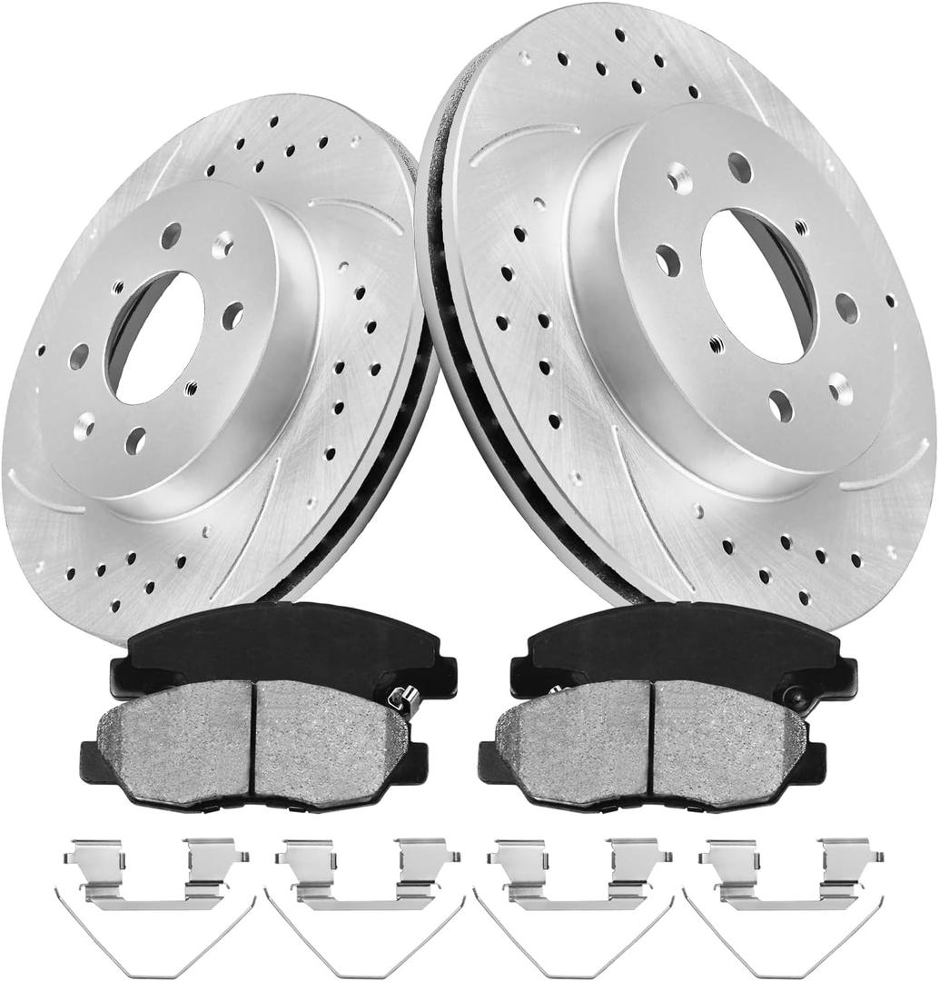 Front Geomet Brake Rotors Kit for 1996-2005 Honda Civic(ONLY for 262mm 10.3in, NOT 9.4in), 2010-2014 Insight, 3295 D1578-8791 Drilled And Slotted Vented Automotive Discs & Ceramic Brake Pads