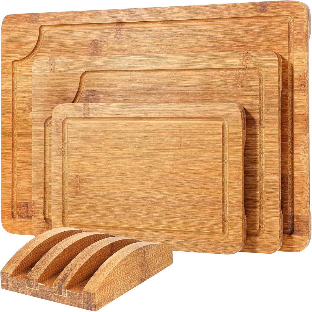 3-Piece Wood Cutting Board Set - Solid Bamboo Wood Cutting Board for Kitchen with Holder, Durable Wooden Chopping Boards Set of 3 for Meat, Vegetables and Fruits (15x10, 10x8, 9x6 inch)