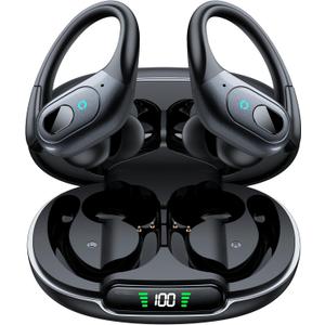 occiam Active Noise Cancelling Earbuds Wireless Bluetooth Headphones Ear Buds 90Hrs Playback Stereo Bass Earphones with Mic Over-Ear Hooks IPX7 Waterproof Headset for Work Sports Running Matte Black