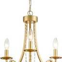 Small Crystal Chandelier, 3-Lights Modern Crystal Chandeliers for Dinning Room, Wagon Wheel Gold Chandelier, Farmhouse Hanging Pendant Light Fixture for Bedroom Hallway Entryway Bar Kitchen Bathroom