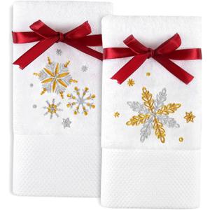 Quera 2 Pack Christmas Hand Towels 100% Cotton Embroidered Premium Luxury Decor Bathroom Decorative Dish Towels Set for Drying, Cleaning, Cooking, Holiday Towels Gift Set 13.7'' x 29.5'', Snowflake (Gold and Silver)