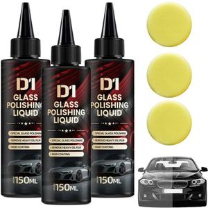 Glass Polishing Liquid D1, Car Glass Polishing Compound Windshield Cleaner Glas Oil Film Remover, Anti-Fog Hydrophobic Coating Spray, Scratches, Wiper Marks & Oil Film with Sponge (3pcs)