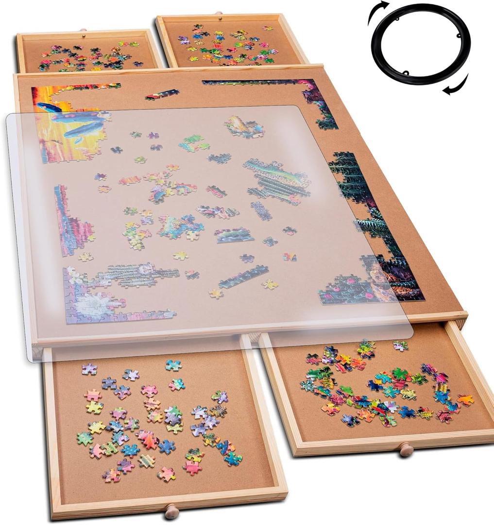 PlayVibe 1000 Piece Rotating Puzzle Board with Drawers and Cover - Sturdy Jigsaw Puzzle Table with 4 Drawers 22 x 30" - Portable Puzzles Boards with Lazy Susan, Wooden, Spinning Puzzles Accessories (1000 pcs - Rotating)