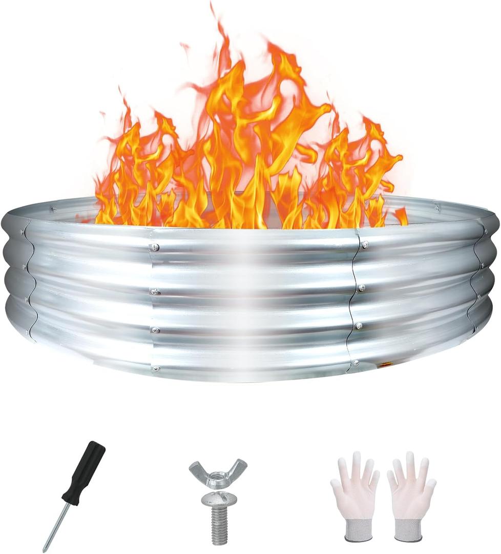 60 Inch Fire Pit Ring 5FT Galvanized Steel Burn Barrel,12" Raised Heavy Duty Wood Burning Fire Pits,Heat Resistant Campfire Ring with Spark Guard, for Outdoor Backyard, Patio & Camping Use