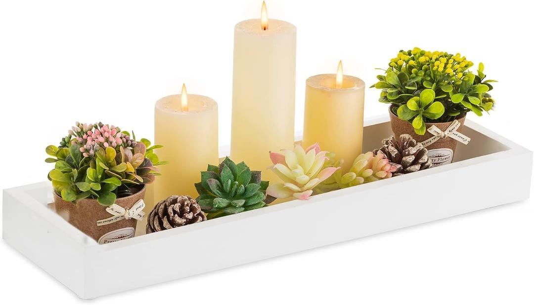 Hanobe Rectangular Long Narrow Tray: White Decorative Rectangular Candle Holder Centerpiece Tray Decor Serving Tray No Handle for Dining Table Coffee Bar Living Room Home Decor (16.3" x 5" x 1.6")