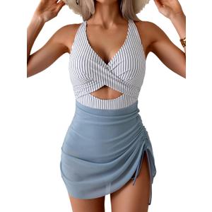 B2prity Women Mesh One Piece Swimdress Swimsuit Tummy Control V Neck Cutout Bathing Suit Wrap Drawstring Sarong Swimwear (Small, Stripe,grey Blue)