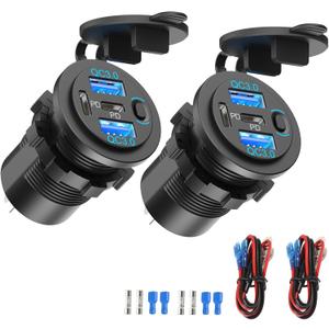 2 Pack Dual PD 30W USB C Port and Dual Quick Charge 3.0 Port 12V USB Outlet with Power Switch, 78W Multiport Car Charger Socket Waterproof DIY Accessories for Car Boat Marine Motorcycle RV ATV
