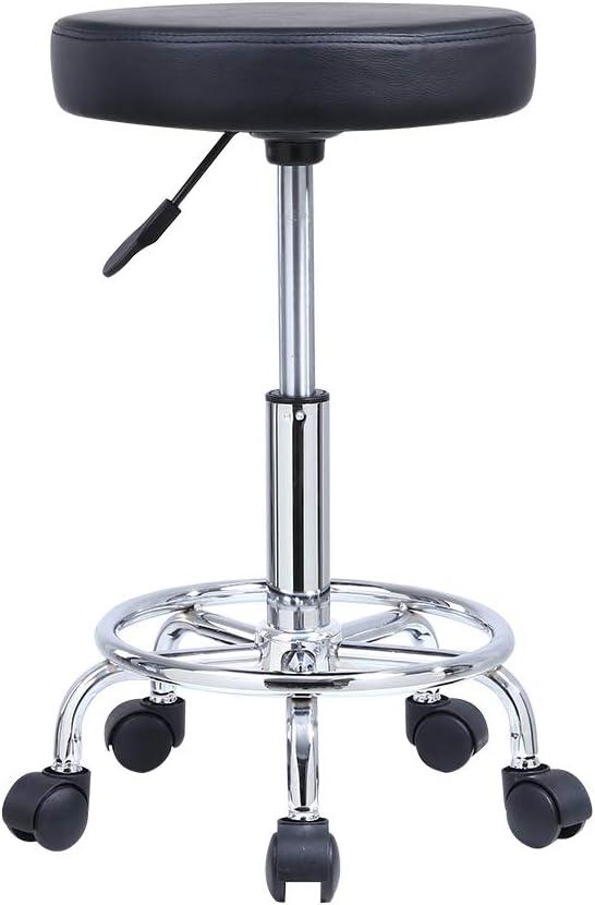 KKTONER PU Leather Round Rolling Stool with Foot Rest Swivel Height Adjustment Spa Drafting Salon Tattoo Work Office Massage Stools Task Chair Cushion 14 inches (Black), 14 Inches X 18.7-24.4 Inches
