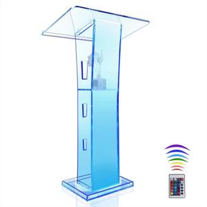 Devloutt Acrylic Podium Stand, Ultra Clear 43'' Pulpits for Churches with 15 Color Adjustable, Modern Lectern with Storage Sheld for Church,Conference,Speech,Classroom, 23.62”x 15.75”X 43.3”