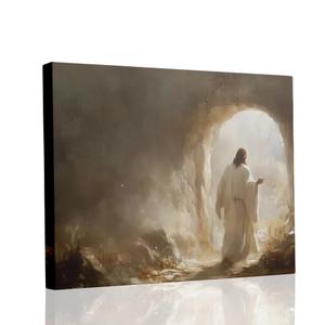 UCRAASDEB Framed Jesus Canvas Wall Art Christian Resurrected Savior Leaves the Tomb Pictures Wall Decor Jesus Christ Painting Posters Prints for Church Room Prayer Room Decor 16'' x 12''